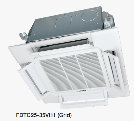 Ceiling-mounted air conditioning unit with Mitsubishi heavy industries logo on a white background