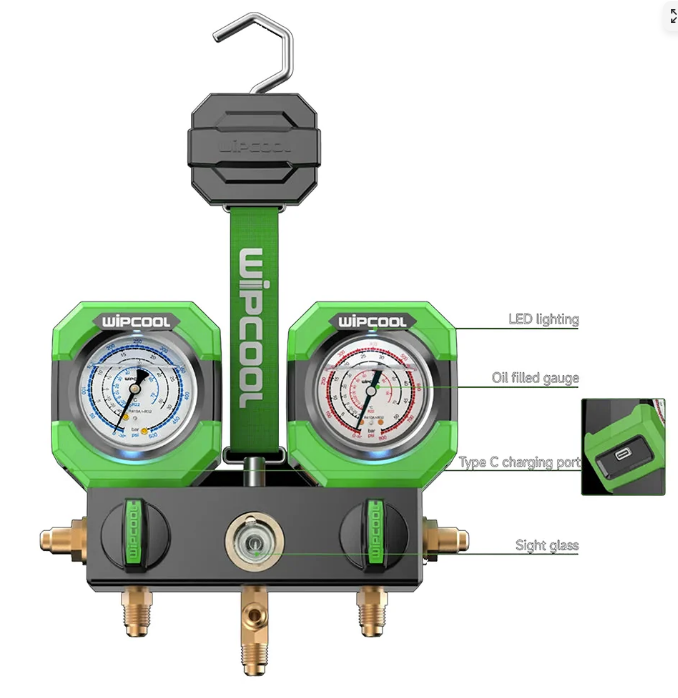 Wipcool refrigeration gauge set with detailed features on a white background