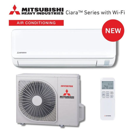 Mitsubishi Heavy Industries air conditioning unit with remote control on a white background