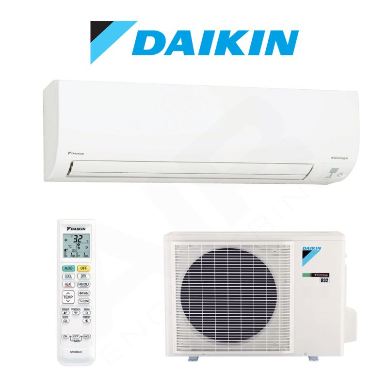 Daikin air conditioning unit with remote control on a white background