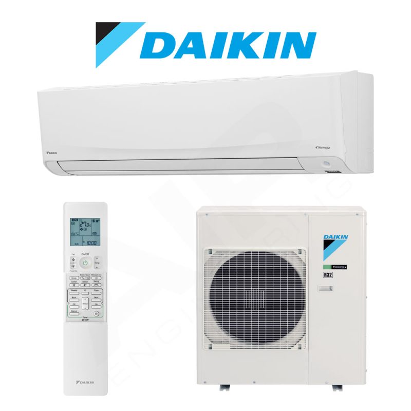 Daikin air conditioning system with indoor and outdoor units on a white background