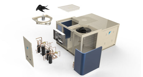 Disassembled air conditioning unit on a white background