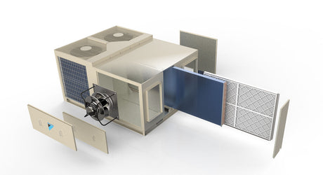 Air conditioning unit with filter and components on a white background