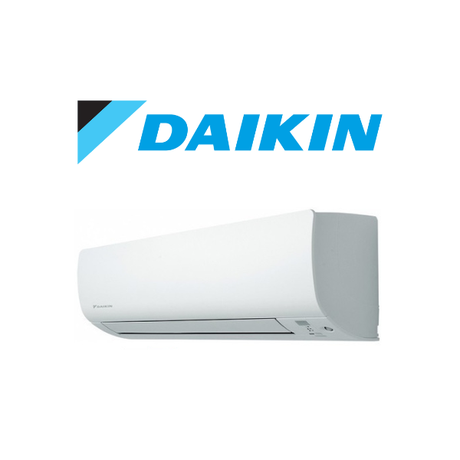 Daikin air conditioner on a white background with Daikin logo above it.