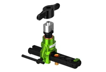 Green mechanical tool with black components on a white background