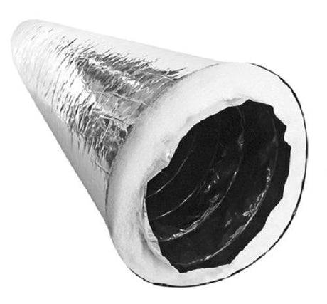 Metallic flexible duct with reflective surface on a white background