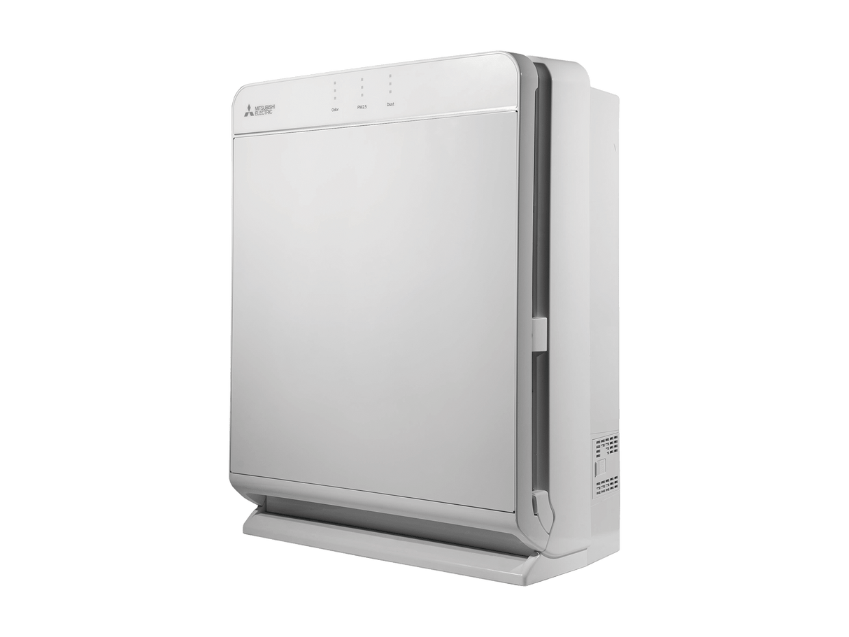 White air purifier with Mitsubishi logo on a green background