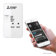 Mitsubishi Electric control unit and smartphone with app interface on a white background