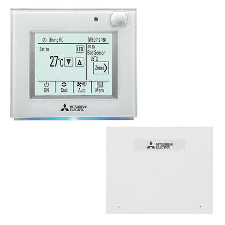 Mitsubishi Electric thermostat with digital display on a white background