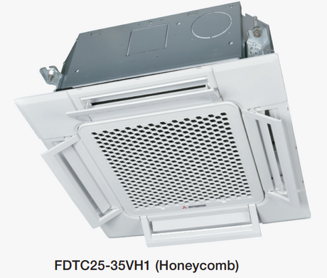 Ceiling-mounted air conditioning unit with honeycomb design on a white background