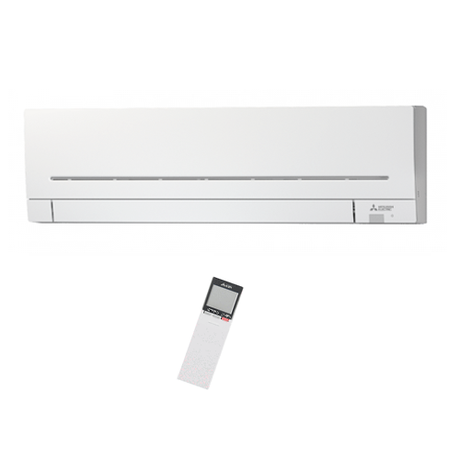 White Mitsubishi air conditioner with remote control on a white background