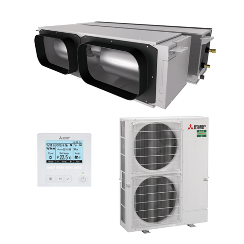 Mitsubishi air conditioning system with indoor and outdoor units on a white background