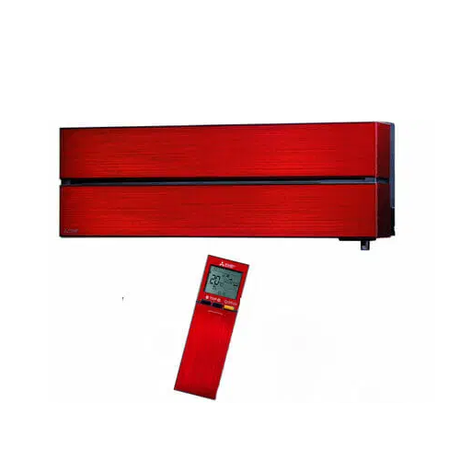 Red air conditioner with remote control on a white background