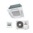 Mitsubishi ceiling-mounted air conditioning unit with indoor and outdoor units on a white background