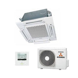 Mitsubishi ceiling-mounted air conditioning unit with indoor and outdoor units on a white background