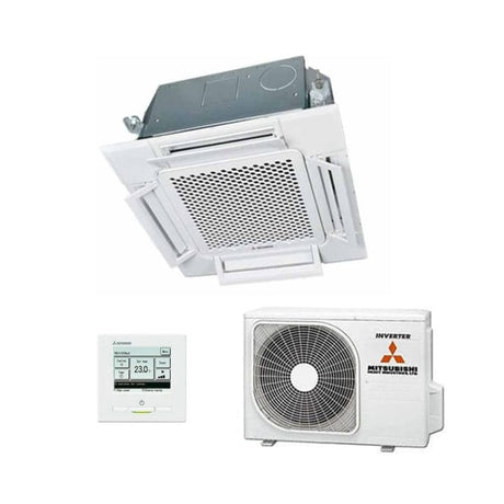 Mitsubishi ceiling-mounted air conditioning unit with indoor and outdoor units on a white background