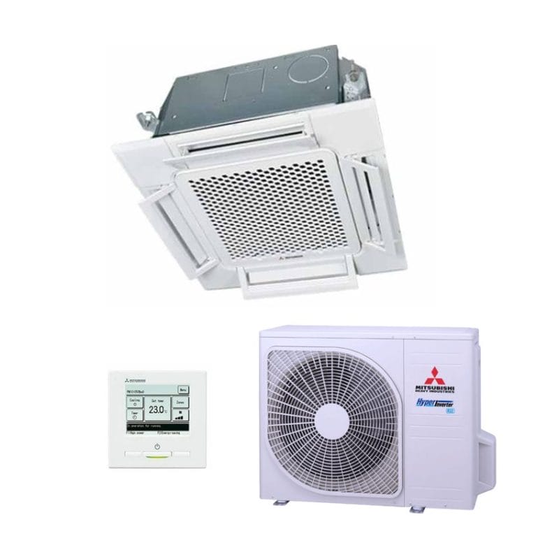 Ceiling-mounted air conditioning unit and wall-mounted condenser with control panel on a white background