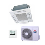 Ceiling-mounted air conditioning unit and wall-mounted condenser with control panel on a white background