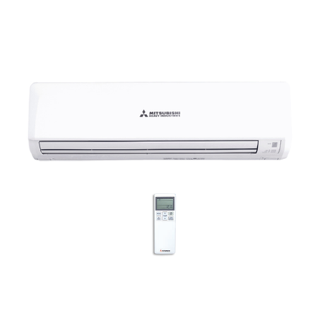 Mitsubishi air conditioner with remote control on a white background