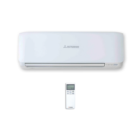 Mitsubishi air conditioner with remote control on a white background