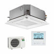 Ceiling-mounted air conditioning unit with external condenser and control panel on a white background