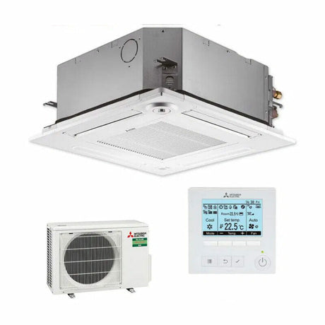 Ceiling-mounted air conditioning unit with external condenser and control panel on a white background
