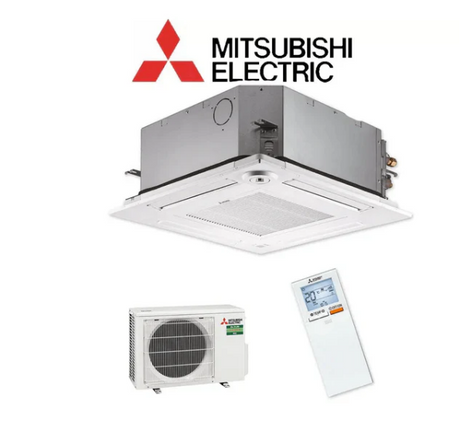 Mitsubishi Electric Ceiling Cassette kit with handheld controller on white background with logo above
