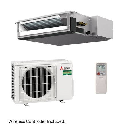 Mitsubishi Electric air conditioning system with wireless controller on a white background