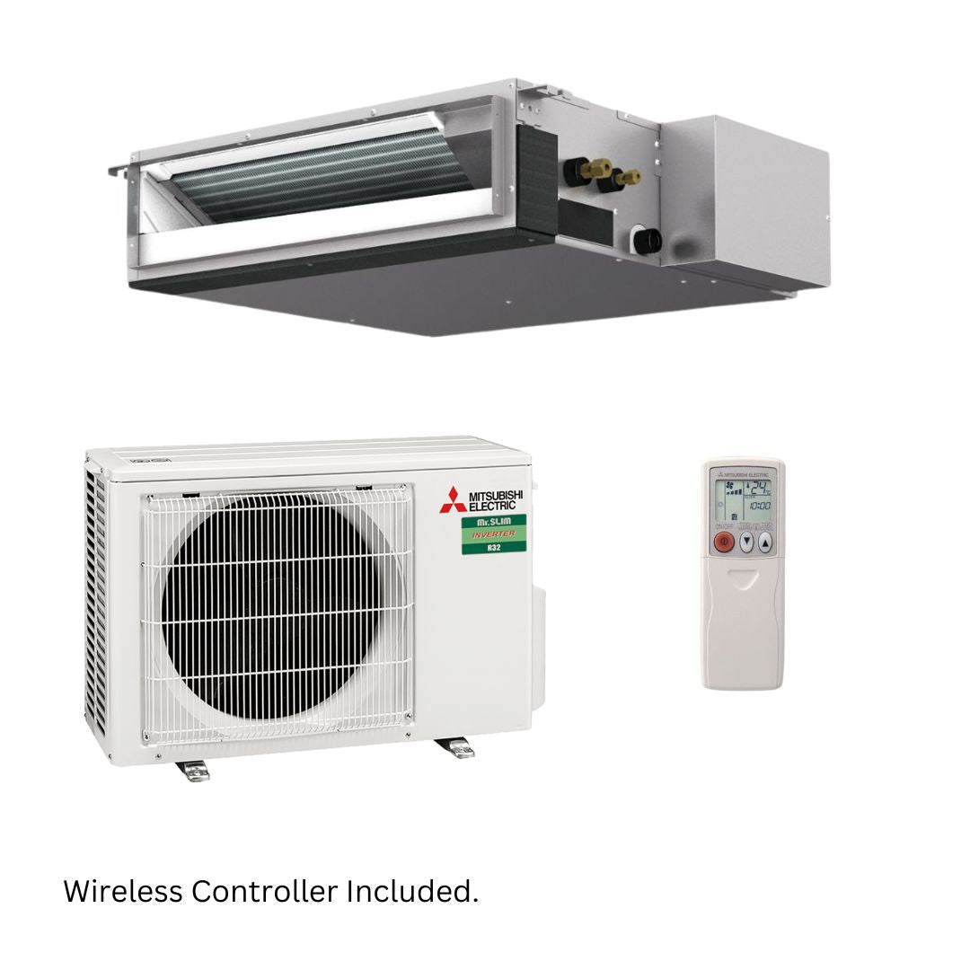 Mitsubishi Electric air conditioning system with wireless controller on a white background