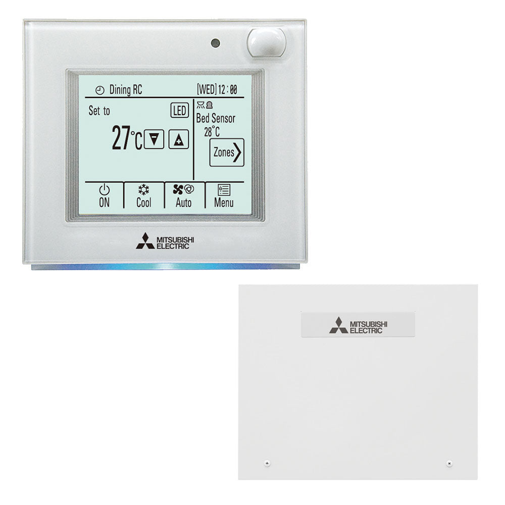Mitsubishi Electric thermostat with digital display on a white background