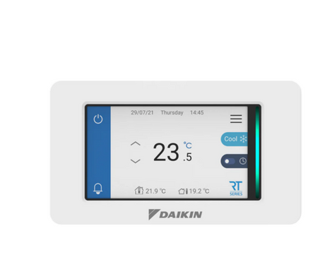 Daikin thermostat with digital display on a white background