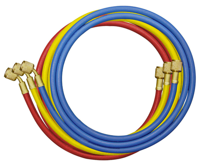 Coiled red, yellow, and blue hoses with brass fittings on a white background