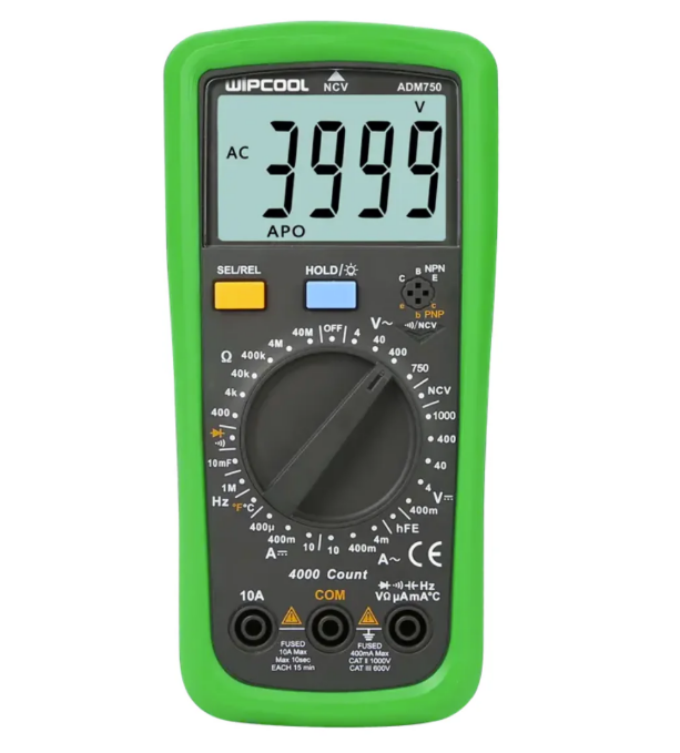 Green digital multimeter with display showing voltage reading on a white background
