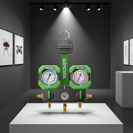 Two green and gold pressure gauges on a white platform with a dark background