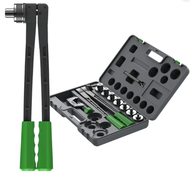 Tool set with a black and green tool and an open gray case containing various tools on a white background.