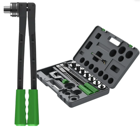 Tool set with a black and green tool and an open gray case containing various tools on a white background.