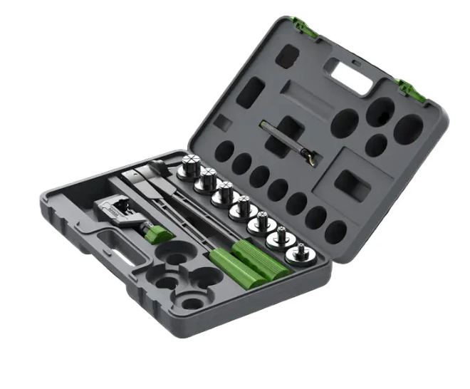 Tool kit with various expanders and tools in a black case on a white background