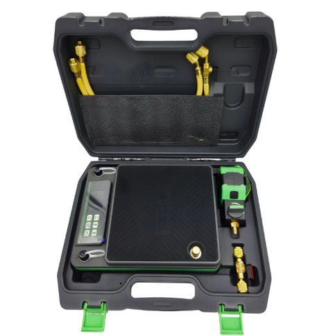 Open tool case with electronic device, cables, and connectors on a white background