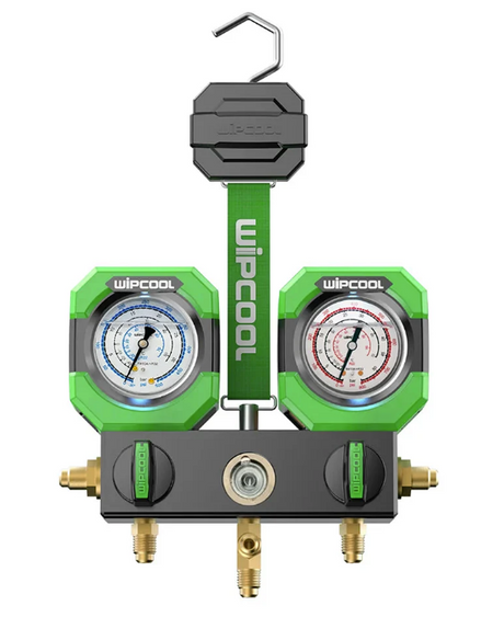 Wipco cool refrigeration gauge set with green and black design on a white background