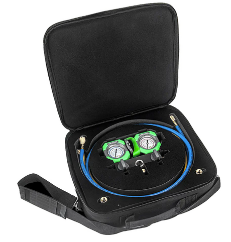 Black carrying case with green and black valve tool inside on a white background