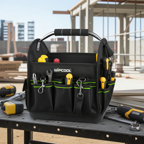 Black tool bag with tools on a workbench at a construction site