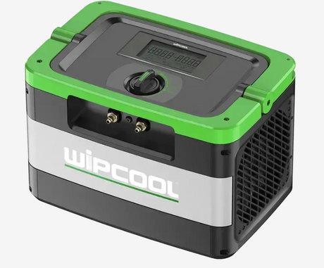 Wipcool portable reclaim unit with green and gray design on a white background