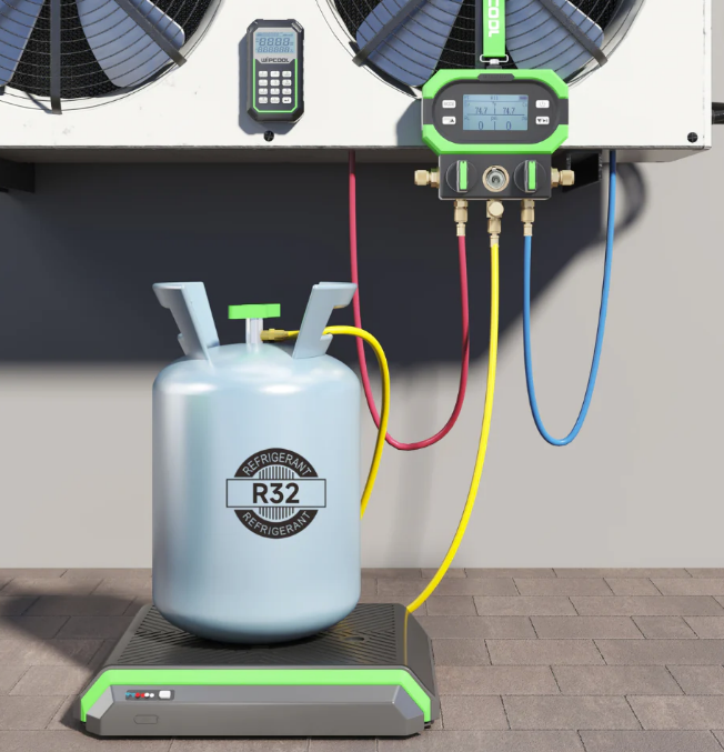 Refrigerant tank with hoses connected to an air conditioning unit on a concrete floor.
