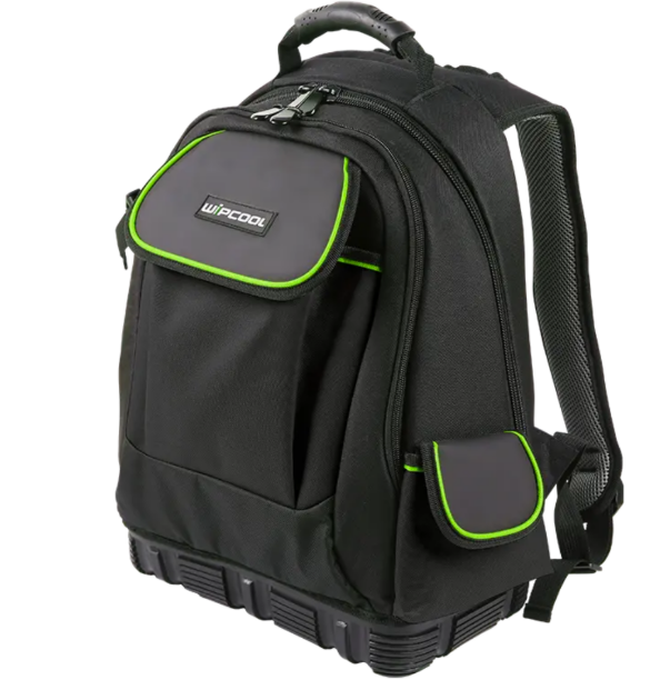 Black backpack with green accents and a visible brand logo on a white background