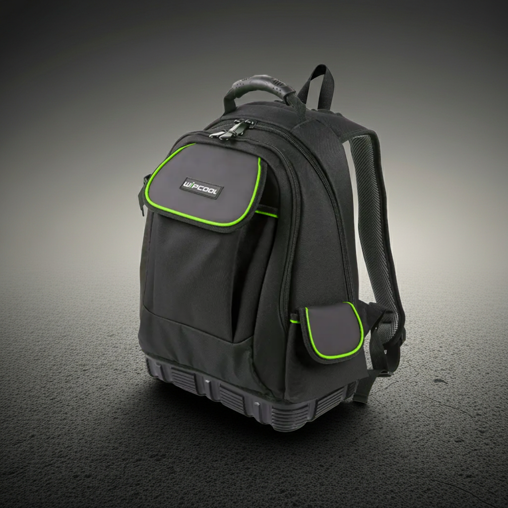 Black backpack with green accents on a dark background