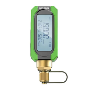 Digital pressure gauge with green casing and brass connector on a white background
