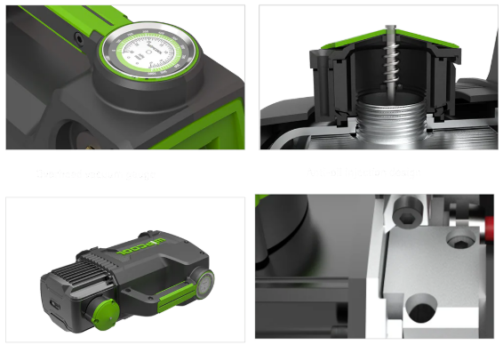 Collage of a green and black tool with close-up details on a white background