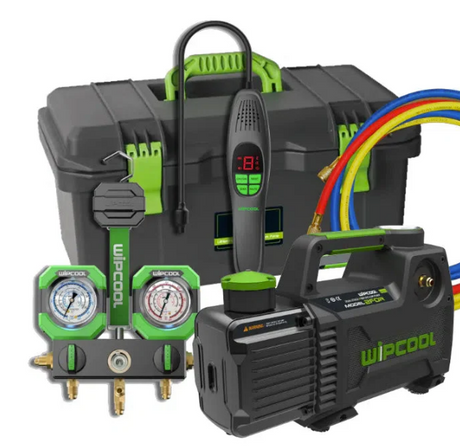 Wipcool refrigeration tool kit with green and black tools on a white background