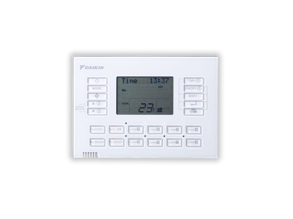White Daikin Zone controller with digital display on a white background