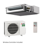 Mitsubishi Electric air conditioning system with wireless controller on a white background